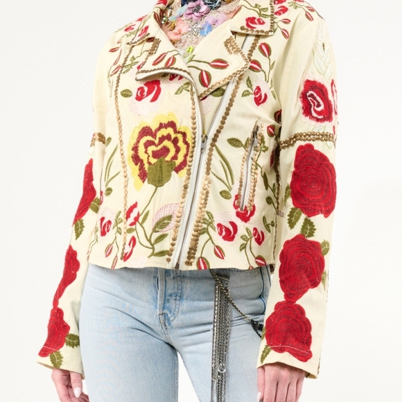 Aratta Jackets & Blazers - Aratta Cream Leather Jacket with Red Floral Embroidery